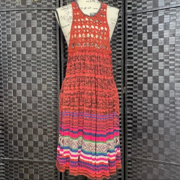 Free People Orange Multicolor Knit Rare Hearts Tunic Dress Sz L Free People Orange Multicolor Knit Rare Hearts Tunic Dress Sz L